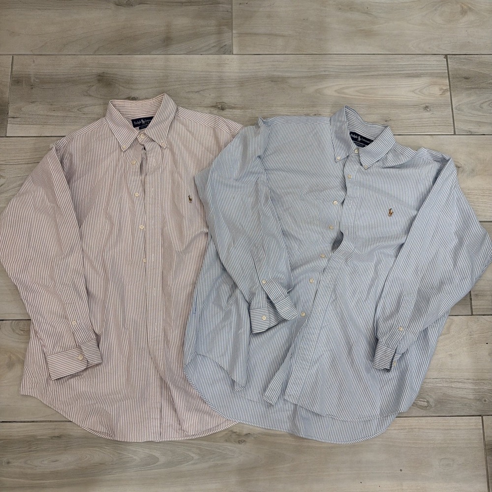 2 RALPH LAUREN Shirt Men 17 35 Yarmouth Dress Oxford Striped Button Up Blue Purp